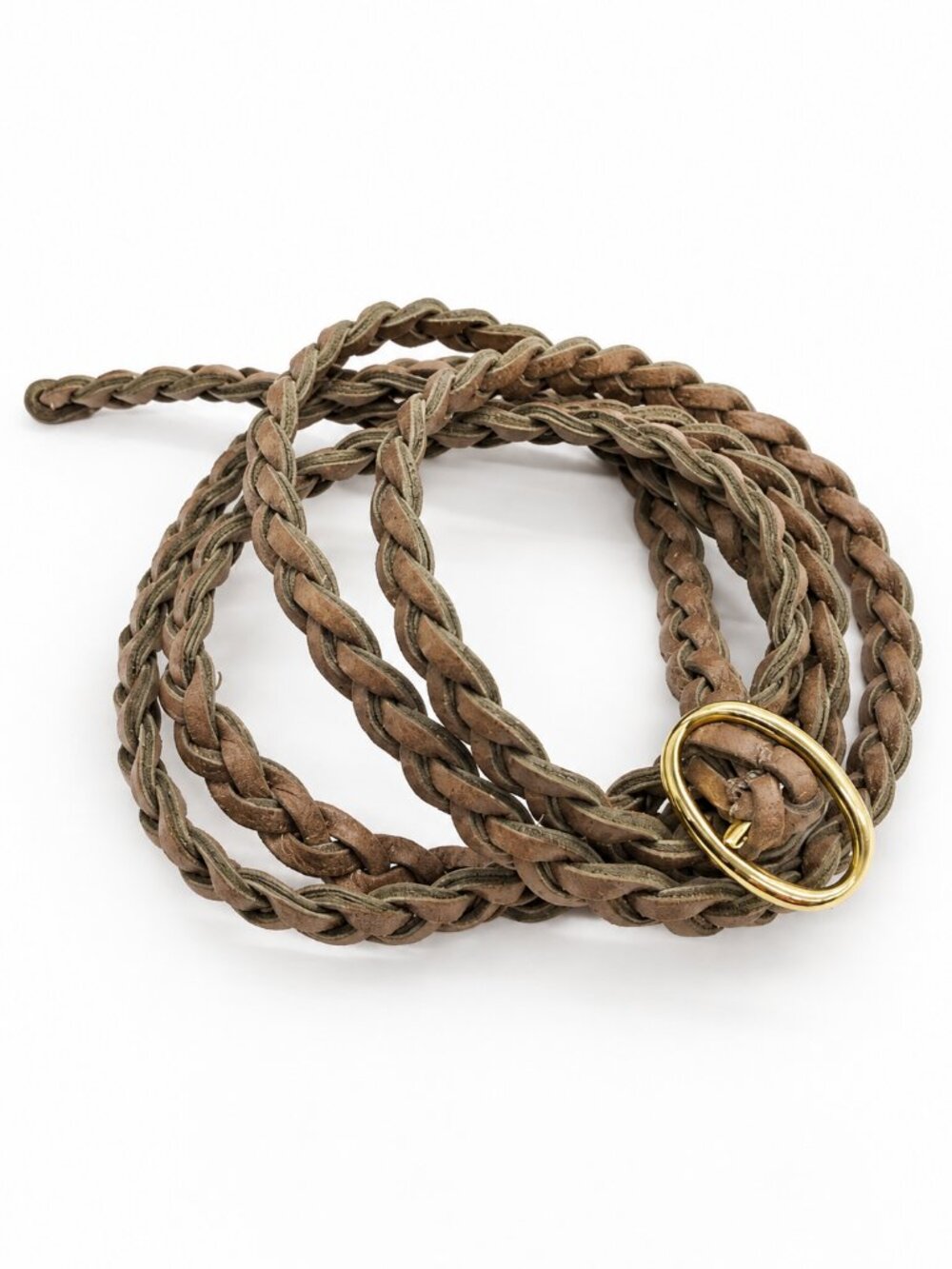 Brown Braided Skinny Belt with Oval Gold Tone Buckle